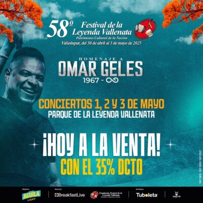 La 58 versión del Festival de la Leyenda Vallenata abre sus puertas a los verdaderos amantes del vallenato y la música latina, con la oportunidad de asegurar su entrada de forma anticipada a esta icónica celebración que se llevará a cabo los días 1, 2 y 3 de mayo de 2025 en el Parque de la Leyenda Vallenata ‘Consuelo Araujonoguera’ de Valledupar.